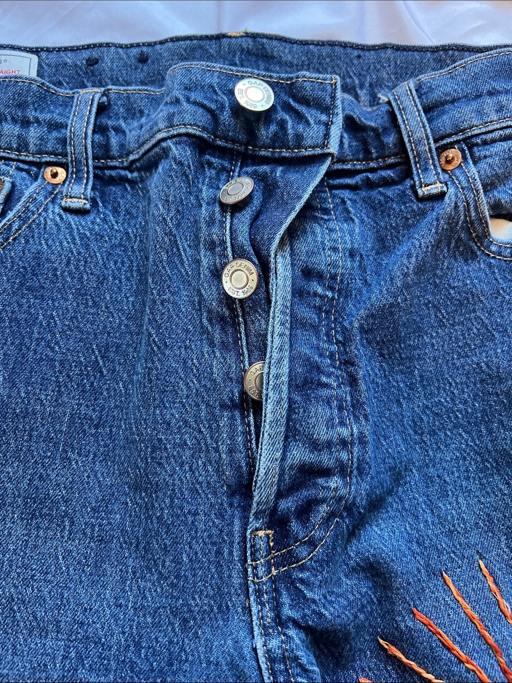 Upcycled BohoEmbroidered Sun & Patchwork Dark Blue Denim Jeans - Picture 6 of 12